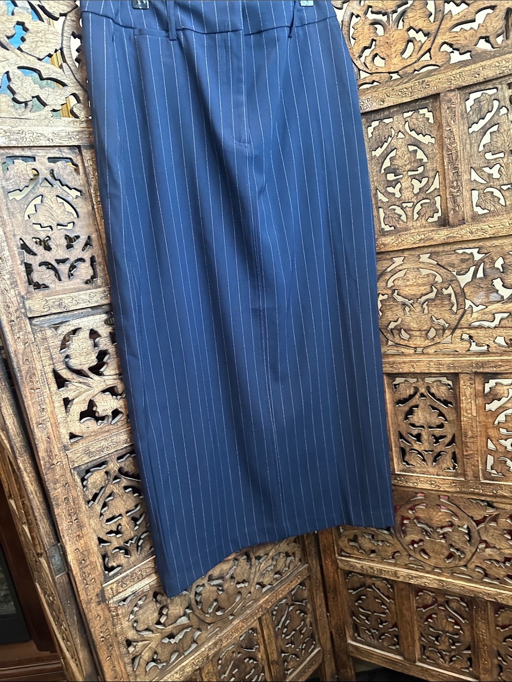 Tailored Navy Pinstripe Midi Skirt-Maison d' Amelie Size 8